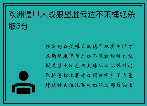 欧洲德甲大战狼堡胜云达不莱梅绝杀取3分